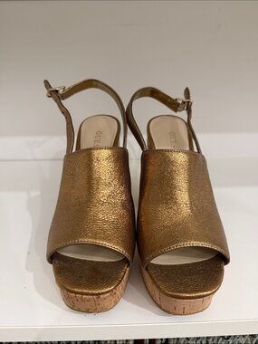 GUESS Metallic Bronze Open-Toe Cork Wedge Sandals